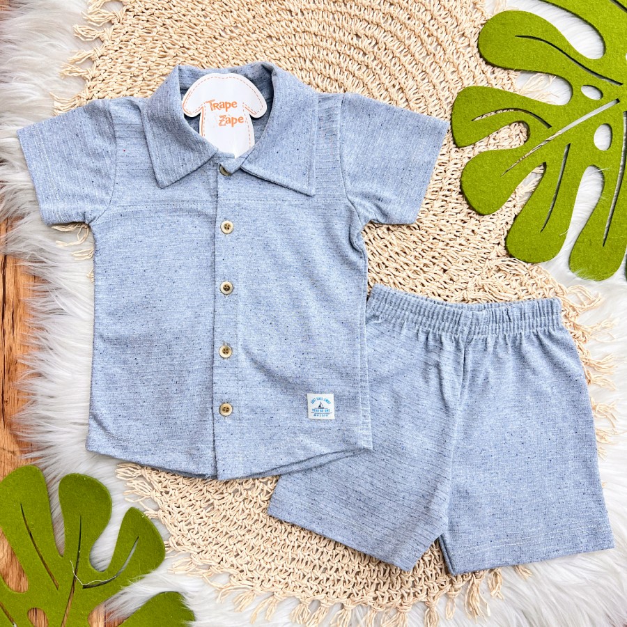 Conj. Camisa Gola Polo e Bermuda em Linho - Azul Pastel